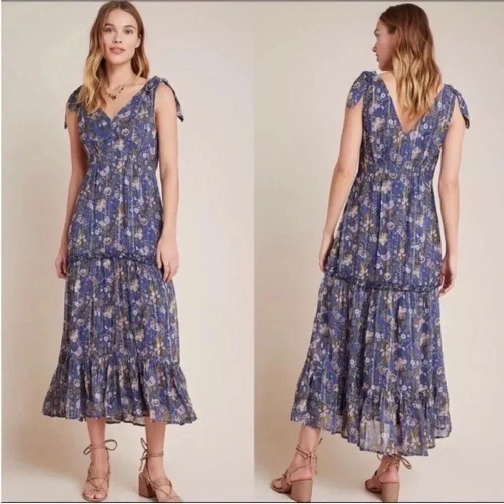 Anthropologie Ranna Gill Lyndsey Shimmer Maxi Midi Dress Boho Sz M NWT